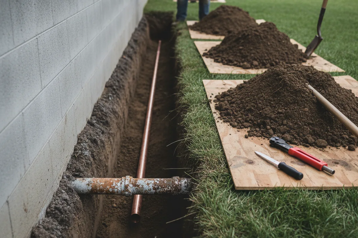 Excavated water line trench during Sewer Line Repair in Camp Hill